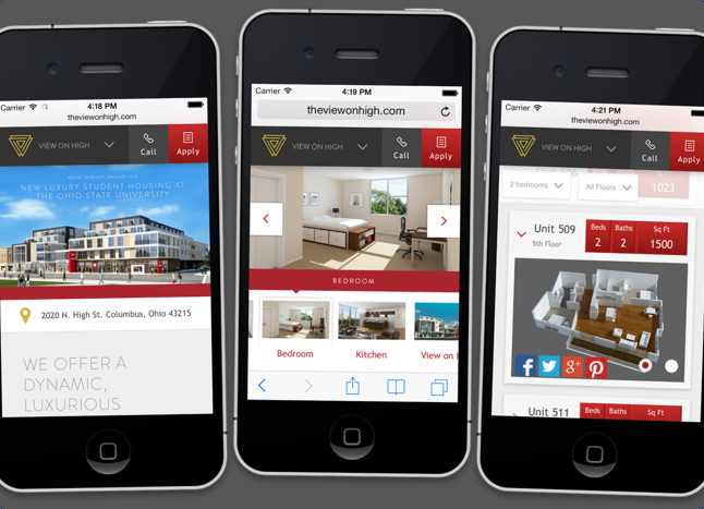 Three iPhones showing off the respsonsive nature of the site.